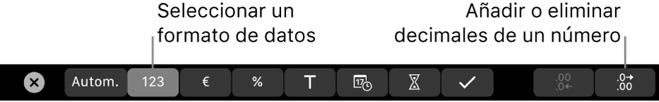 La Touch Bar del MacBook Pro con controles para seleccionar un formato de datos y añadir o eliminar decimales de un número.