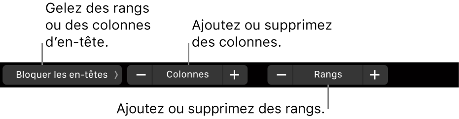 La Touch Bar d’un MacBook Pro avec les commandes pour bloquer des rangs ou colonnes d’en-têtes, ajouter ou supprimer des colonnes et ajouter ou supprimer des rangs.