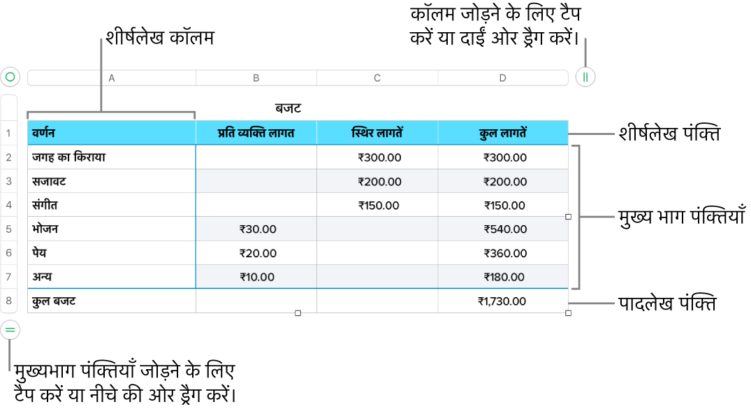 शीर्षलेख, मुख्य भाग, और पादलेख पंक्तियाँ और कॉलम, और पंक्तियाँ या कॉलम जोड़ने या डिलीट करने के हैंडल दिखाती तालिका।