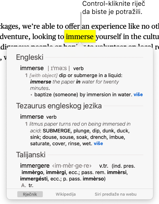 Tekst s istaknutom riječi i prozor koji pokazuje njenu definiciju i unos tezaurusa. Tri tipke na dnu prozora pružaju poveznice na rječnik, Wikipediju i web stranice koje predlaže Siri.