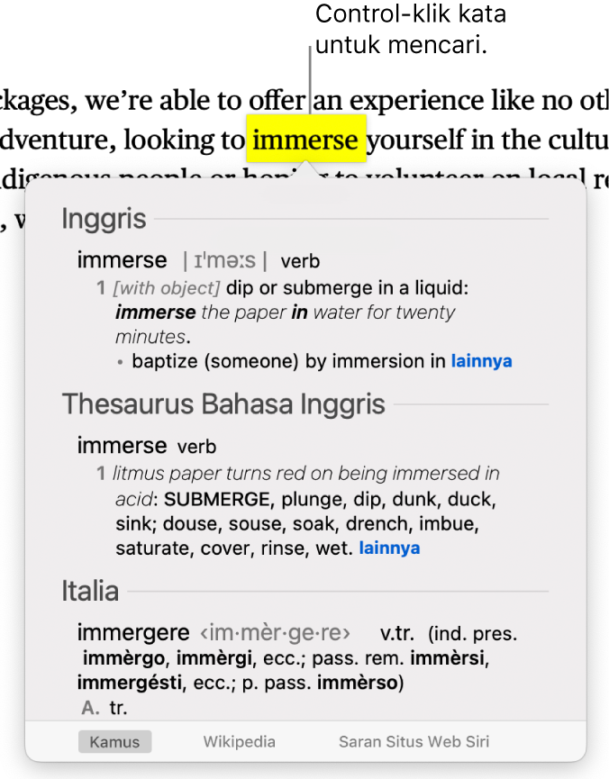 Teks dengan kata yang disorot dan jendela yang menampilkan definisinya dan entri tesaurus. Tiga tombol di bagian bawah jendela memberikan tautan ke kamus, Wikipedia, dan situs web yang disarankan oleh Siri.