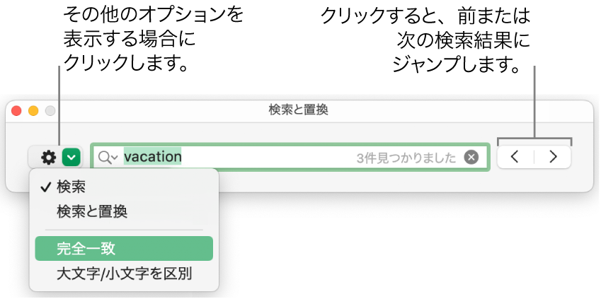 「検索と置換」ウインドウ。「検索」、「検索と置換」、「完全一致」、「大文字小文字を区別」のオプションを表示するためのボタンへのコールアウトが表示された状態。右にある矢印で前または次の検索結果にジャンプできます。