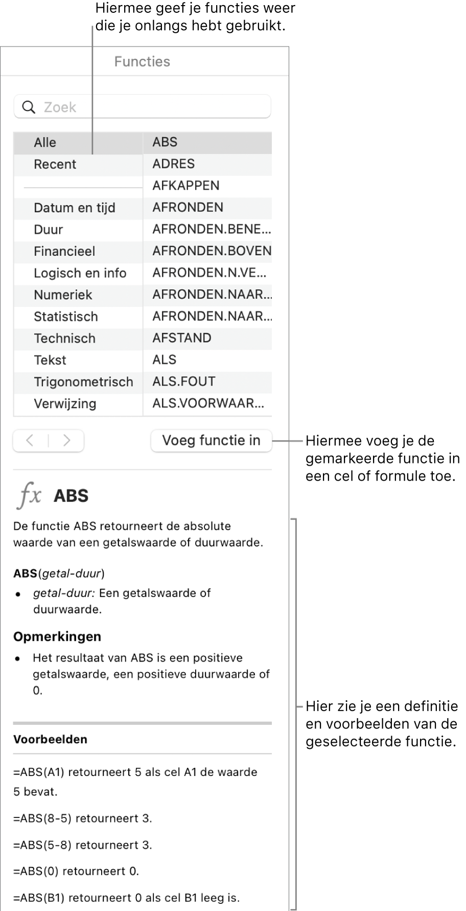 De functiekiezer met uitleg bij recent gebruikte functies, de knop 'Voeg functie in' en de omschrijving van de functie.