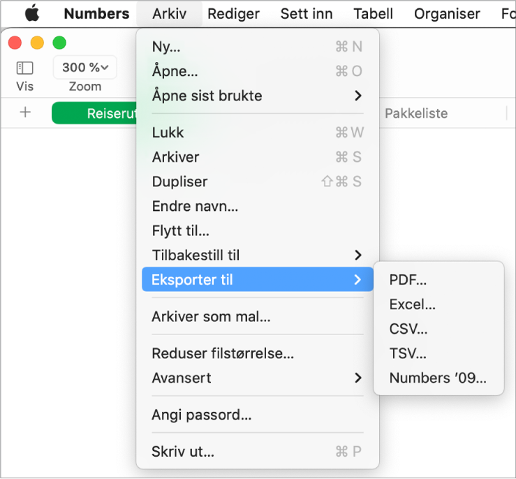 Arkiv-menyen åpen med Eksporter til markert, med undermenyen som viser eksportvalg for PDF, Excel, CSV og Numbers '09.