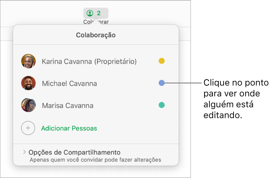 Lista de participantes com três participantes e um ponto com uma cor diferente à direita de cada nome.