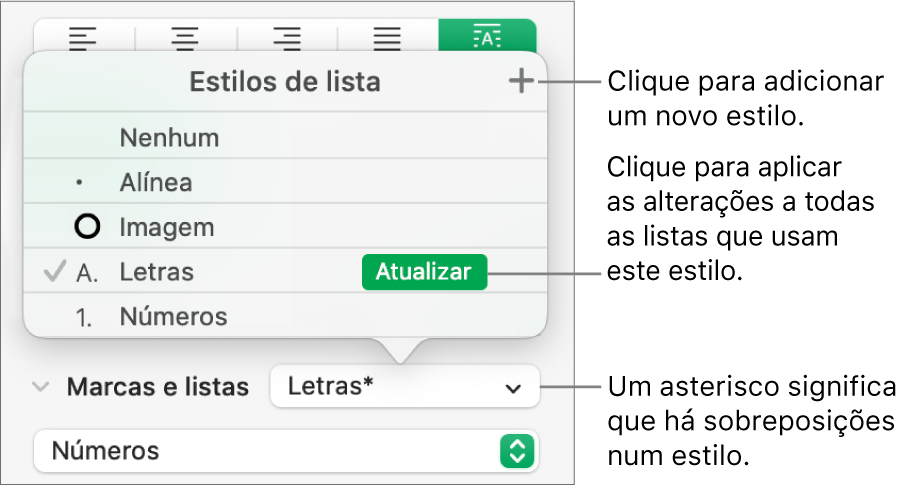 O menu pop-up “Estilos de lista” com um asterisco que indica uma substituição e chamadas para o botão “Novo estilo” e um submenu de opções para gerir estilos.