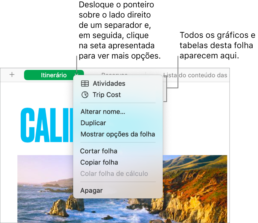 Um separador de folha de cálculo com o menu de atalhos aberto, a mostrar opções como Duplicar.