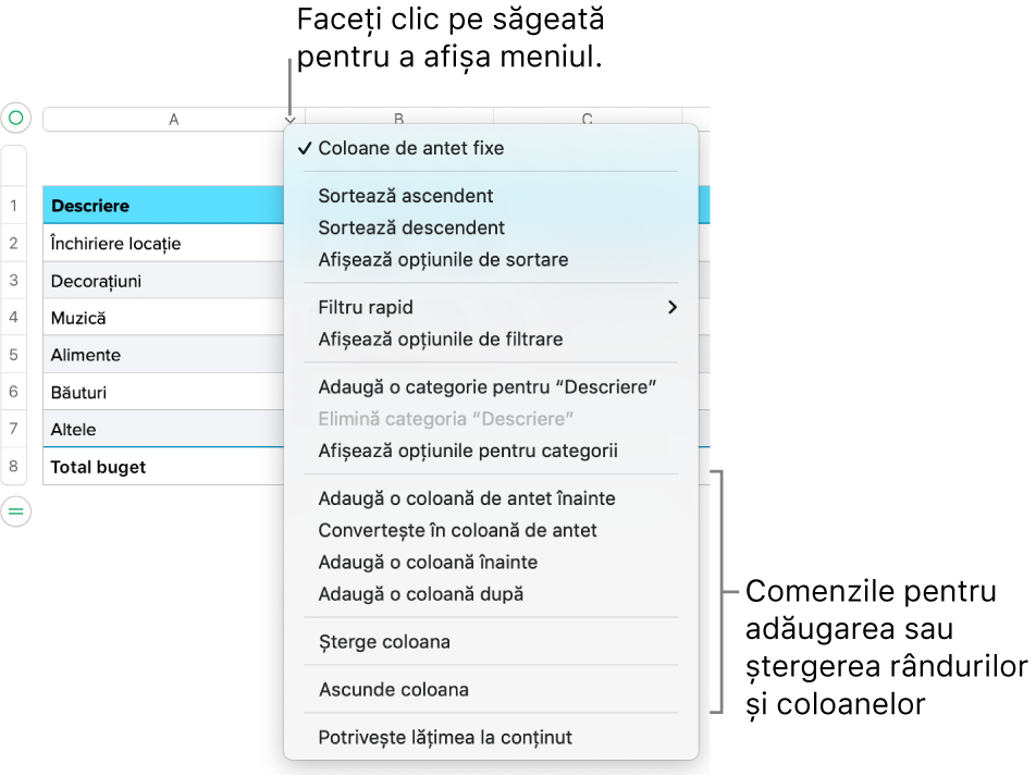 Meniul unei coloane de tabel incluzând comenzi pentru adăugarea sau ștergerea rândurilor și coloanelor.