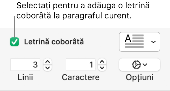 Caseta de validare Letrină coborâtă este selectată și un meniu pop-up apare în dreapta acesteia; comenzile pentru configurarea înălțimii liniei, a numărului de caractere și alte opțiuni apar sub aceasta.