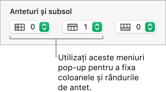 Meniuri pop-up pentru adăugarea într-un tabel a coloanelor și rândurilor de antet și subsol și pentru fixarea rândurilor și coloanelor de antet.