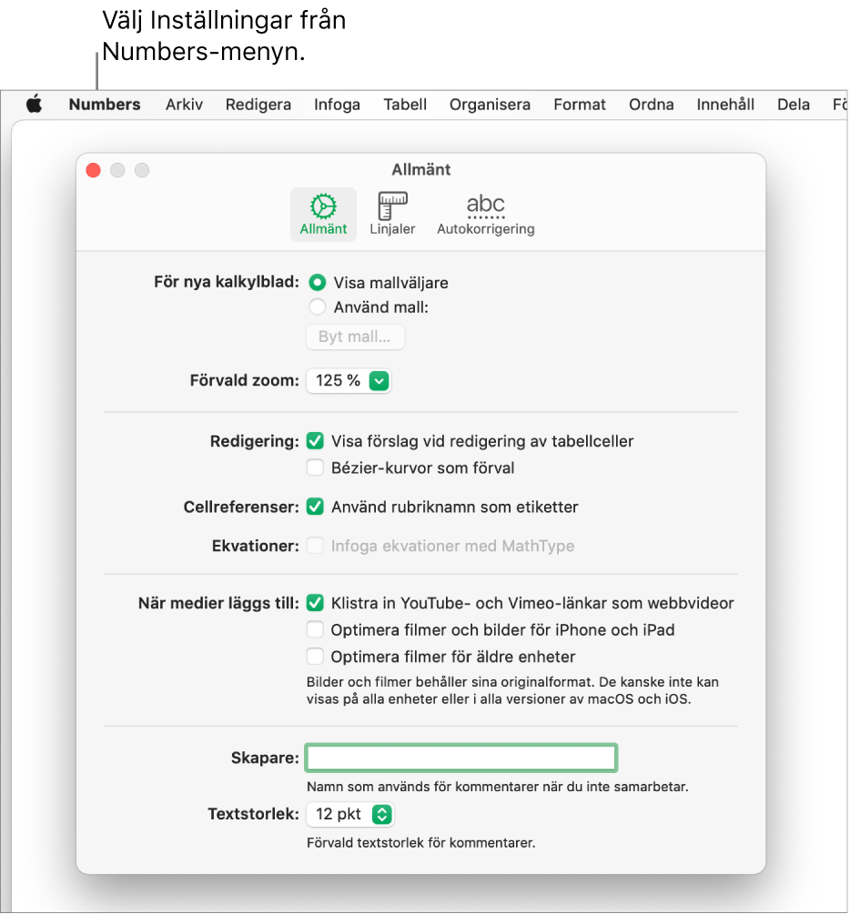 Numbers-inställningsdialogrutan med inställningspanelen Allmänt.