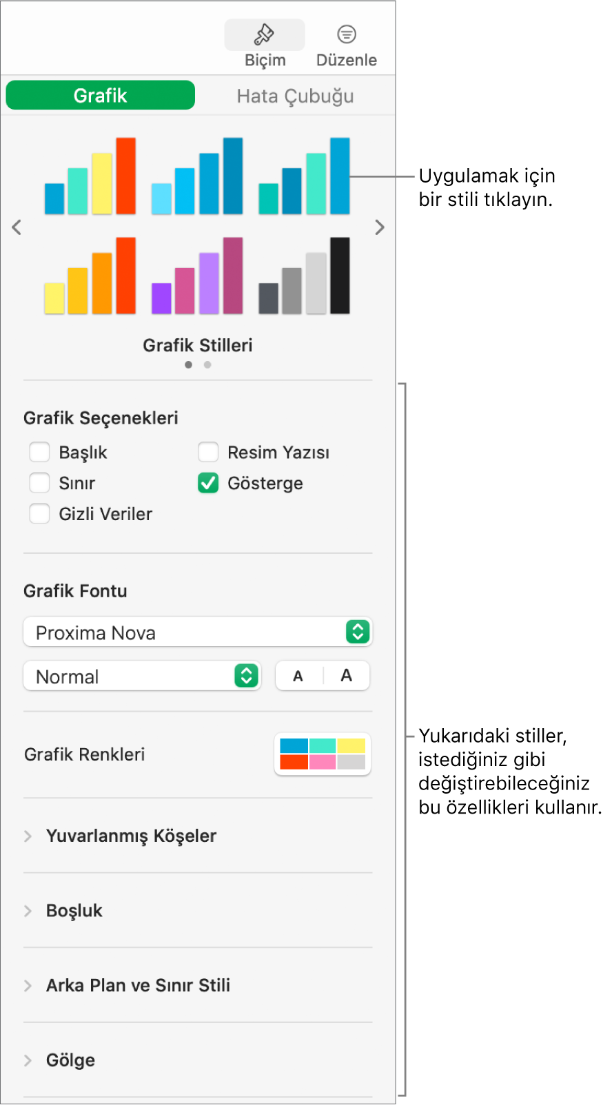 Grafikleri biçimleme denetimlerini gösteren Biçimleme kenar çubuğu.