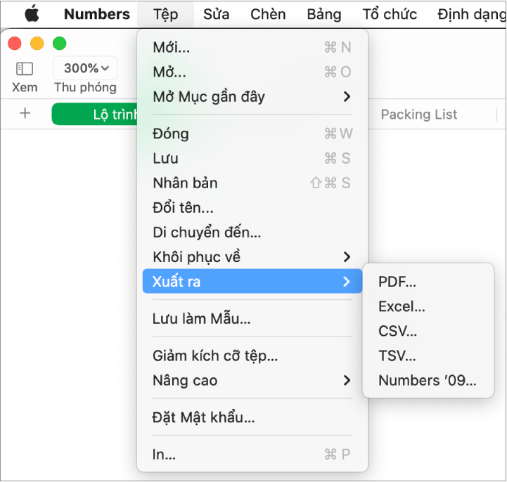 Menu Tệp mở với Xuất ra được chọn, với menu con đang hiển thị các tùy chọn xuất cho PDF, Excel, CSV và Numbers ’09.