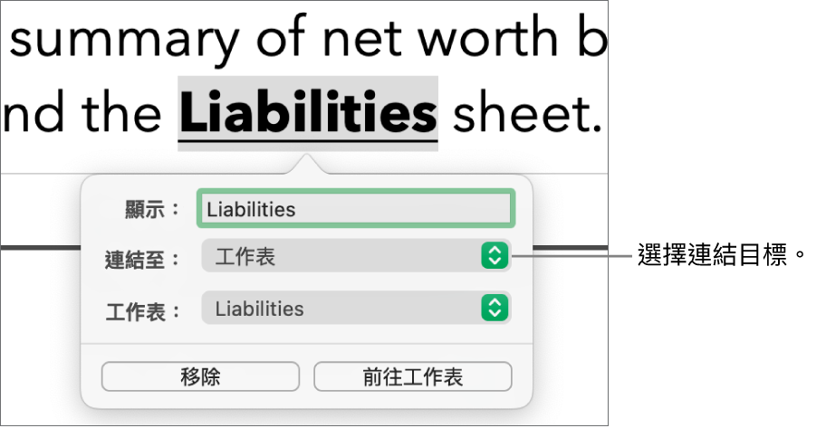 連結編輯器控制項目，其中有「顯示」欄位、「連結至」彈出式選單（已選擇「工作表」）和「工作表」彈出式選單（已選擇名稱為「負債」的工作表）。「移除」和「前往工作表」按鈕位於彈出式項目底部。