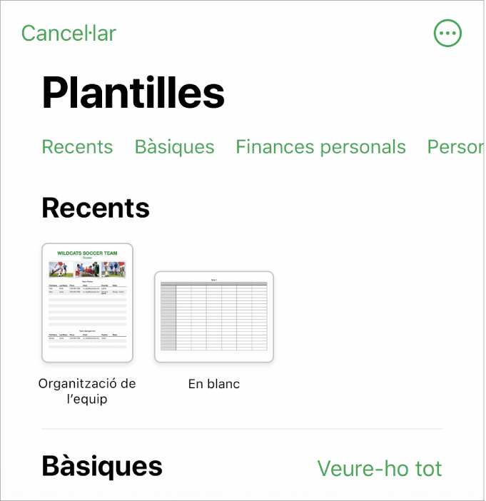 El selector de plantilles, amb una fila de categories a la part superior que pots tocar per filtrar les opcions. A sota hi ha miniatures de plantilles predissenyades ordenades en files per categoria: la primera, a la part superior, és Recents, seguida per Bàsiques. Es mostra el botó “Veure-ho tot” a la part superior i a la dreta de cada fila de categories. El botó d’idioma i regió és a l’angle superior dret.