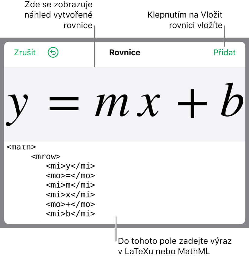 Rovnice směrnice přímky zapsaná v kódu MathML a nad ní náhled výsledného vzorce