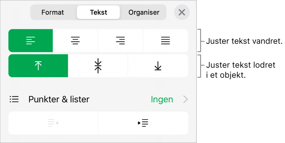 Layout i Info om format med billedforklaringer til knapperne til justering af tekst og afstand.