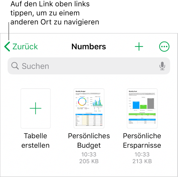 Die Darstellung zum Durchsuchen im Tabellenmanager mit einem Link zu einem Ort oben links und darunter ein Suchfeld. Oben rechts in der Ecke befinden sich die Tasten „Tabelle hinzufügen“ und „Mehr“. Ganz unten auf dem Bildschirm befinden sich die Taste „Zuletzt benutzt“ und die Taste zum Blättern.