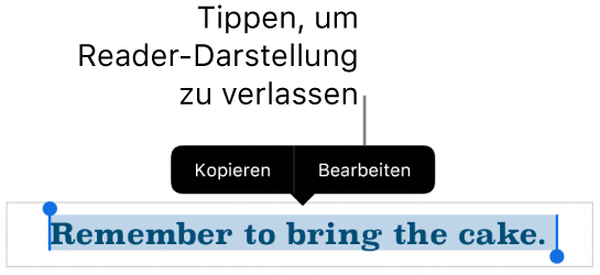 Ein Satz ist ausgewählt und darüber befindet sich ein Kontextmenü mit den Optionen „Kopieren“ und „Bearbeiten“.