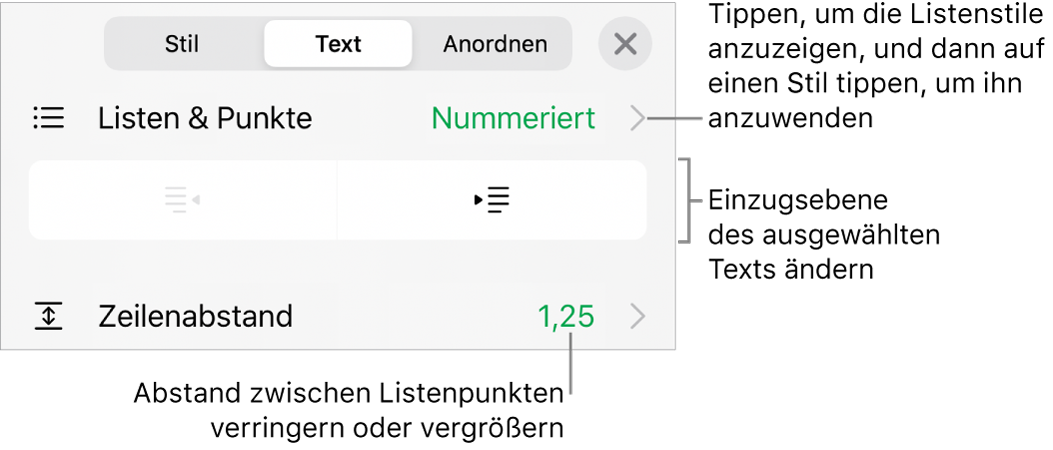 Der Abschnitt „Listen & Punkte“ der Formatierungssteuerungen mit den Beschreibungen für „Listen & Punkte“, den Tasten „Ausrücken“ und „Einrücken“ und den Steuerelementen für den Zeilenabstand.