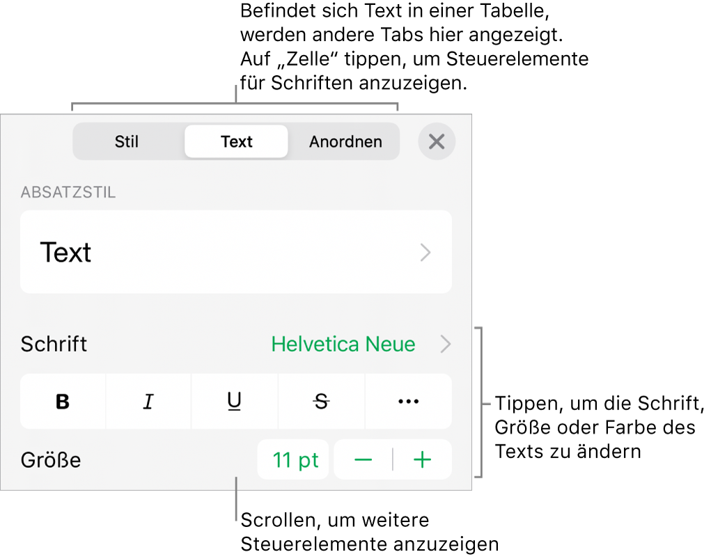 Textsteuerelemente im Menü „Format“ zum Festlegen von Absatz- und Zeichenstilen, Schrift, Größe und Farbe