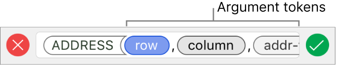 The Formula Editor showing a function with argument tokens.