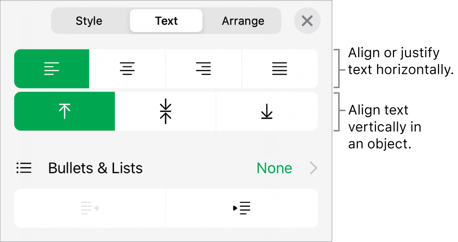 The Layout section of the Format inspector with callouts to the text alignment and spacing buttons.