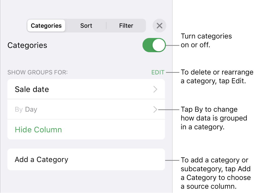 The Categories menu for iPhone with options for turning categories off, deleting categories, regrouping data, hiding a source column and adding categories.