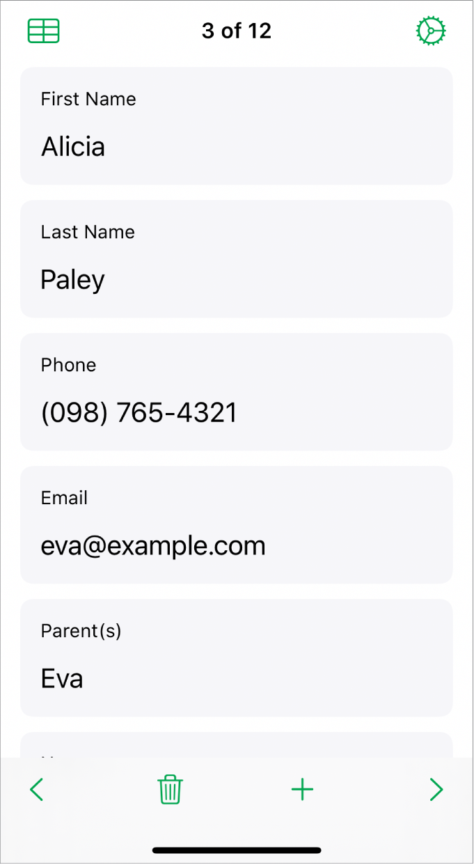 One record in a form with fields for name, phone number, email and more. Also, controls to view the linked table, form setup mode and switch between records are shown.