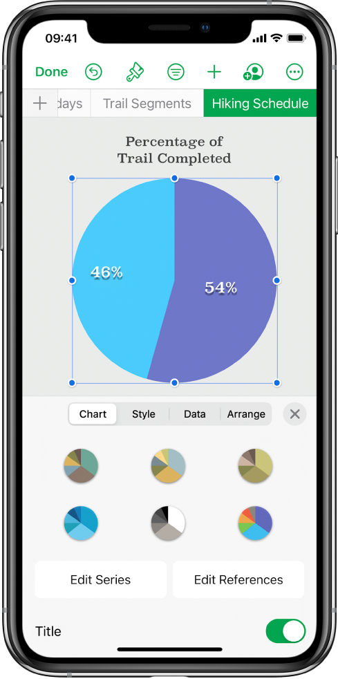 A pie chart showing percentages of trails completed. The Format menu is also open, showing different chart styles to choose from, as well as options to edit the series or chart references and turn the chart title on or off.