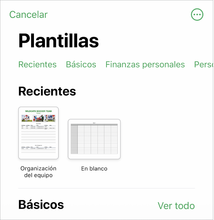 El selector de plantilla muestra una fila de categorías a lo largo de la parte superior en las que puedes tocar para filtrar las opciones. En la parte inferior, organizadas en filas por categoría, aparecen miniaturas de las plantillas prediseñadas, comenzando con la categoría Recientes en la parte superior, seguida por las categorías Básicas. En la parte superior derecha de cada fila de categoría aparece un botón Ver todo. El botón “Idioma y región” se encuentra en la esquina superior derecha.