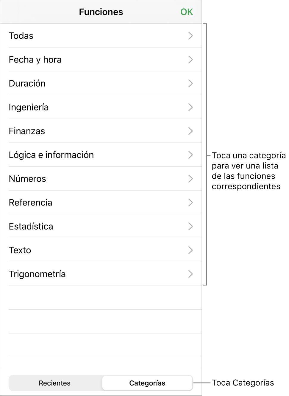 El explorador de funciones con una llamada al botón Categorías y la lista de categorías.