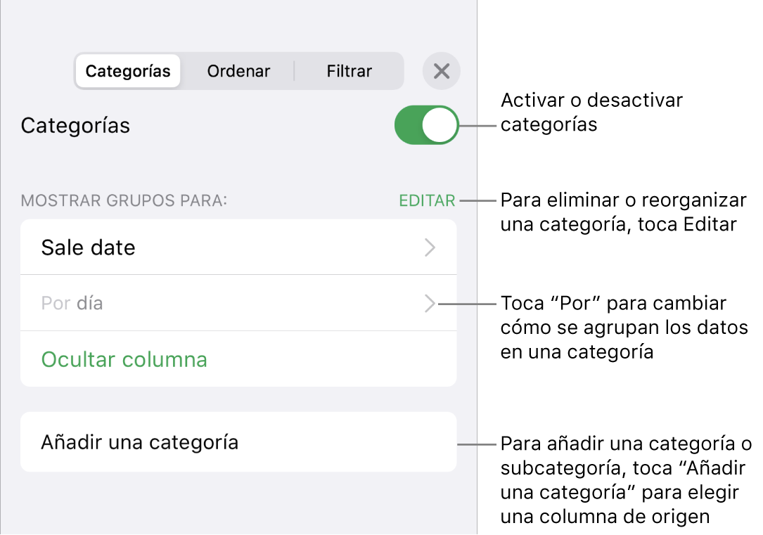 El menú Categorías para iPhone con opciones para desactivar categorías, eliminar categorías, reagrupar datos, ocultar una columna de origen y añadir categorías.