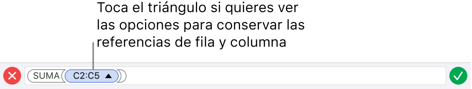 Editor de fórmulas indicando cómo conservar las referencias a filas y columnas cuando se copia o traslada la celda.