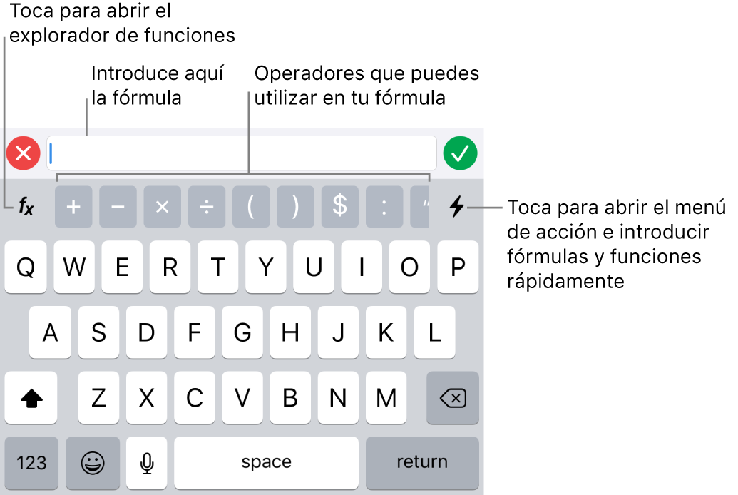 El teclado de fórmulas, con el editor de fórmulas en la parte superior y los operadores que se utilizan en las fórmulas debajo. El botón Funciones para abrir el explorador de funciones se encuentra a la izquierda de los operadores, y el botón de menú Acción se encuentra a la derecha.