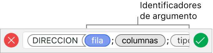 El editor de fórmulas con una función e identificadores de argumentos.