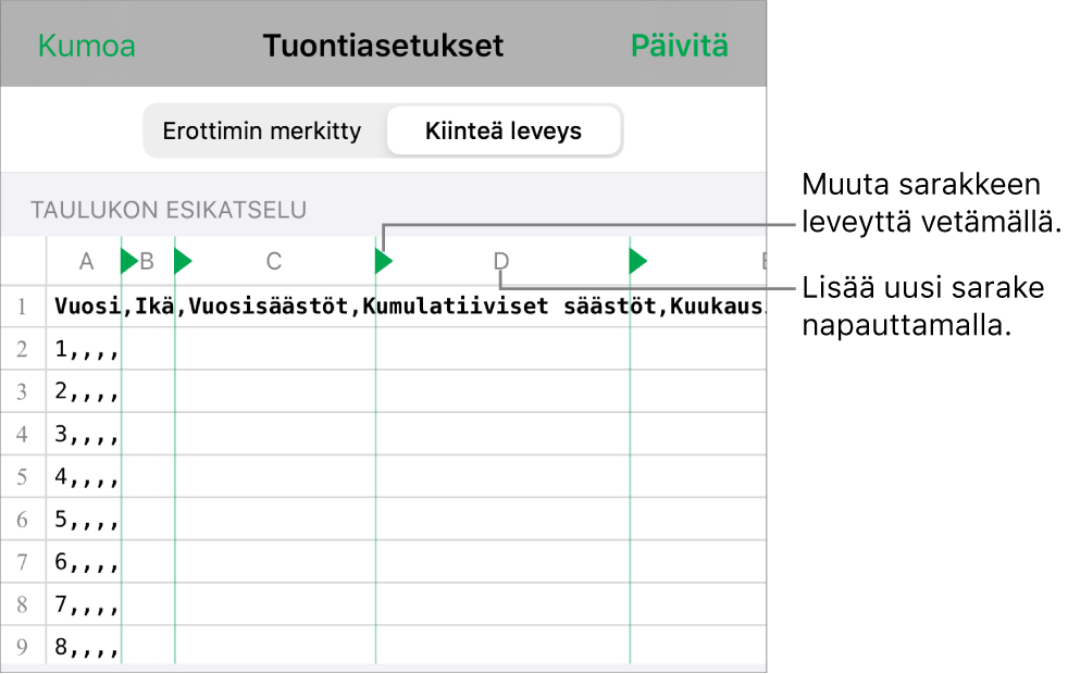 Kiinteän leveyden tekstitiedoston tuontiasetukset.