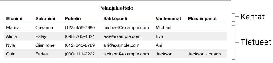 Taulukko, jota käytetään lomakkeisiin, ja yläotsakerivi, joka sisältää kentän nimet, sekä luettelo tietueista, joissa näkyy urheilujoukkueen yhteystietoluettelo.
