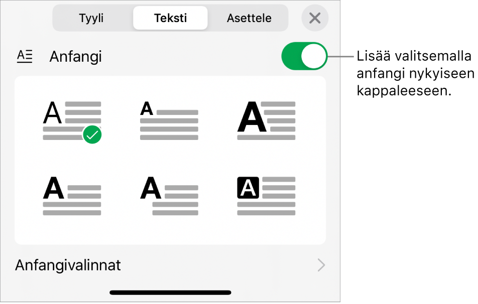 Anfangi-säätimet ovat Teksti-valikon alareunassa.