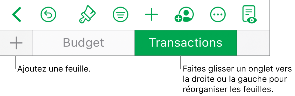 Barre des onglets pour ajouter une feuille et parcourir, réordonner et réorganiser les feuilles.