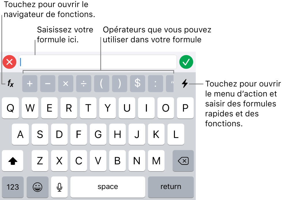 Clavier de formules, avec l’éditeur de formules en haut et les opérateurs utilisés dans les formules en dessous de celui-ci. Le bouton Fonctions qui permet d’ouvrir le navigateur de fonctions se trouve à gauche des opérateurs et le bouton du menu d’action, à droite.