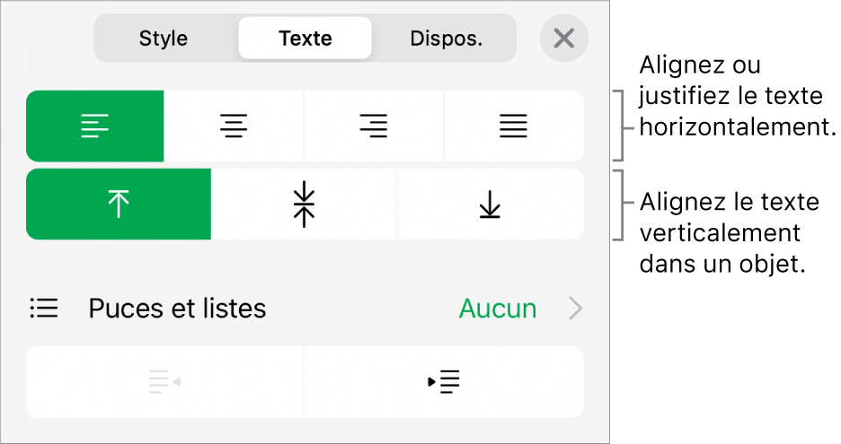 Section Disposition de l’inspecteur Format avec les légendes des boutons d’alignement et d’espacement de texte.