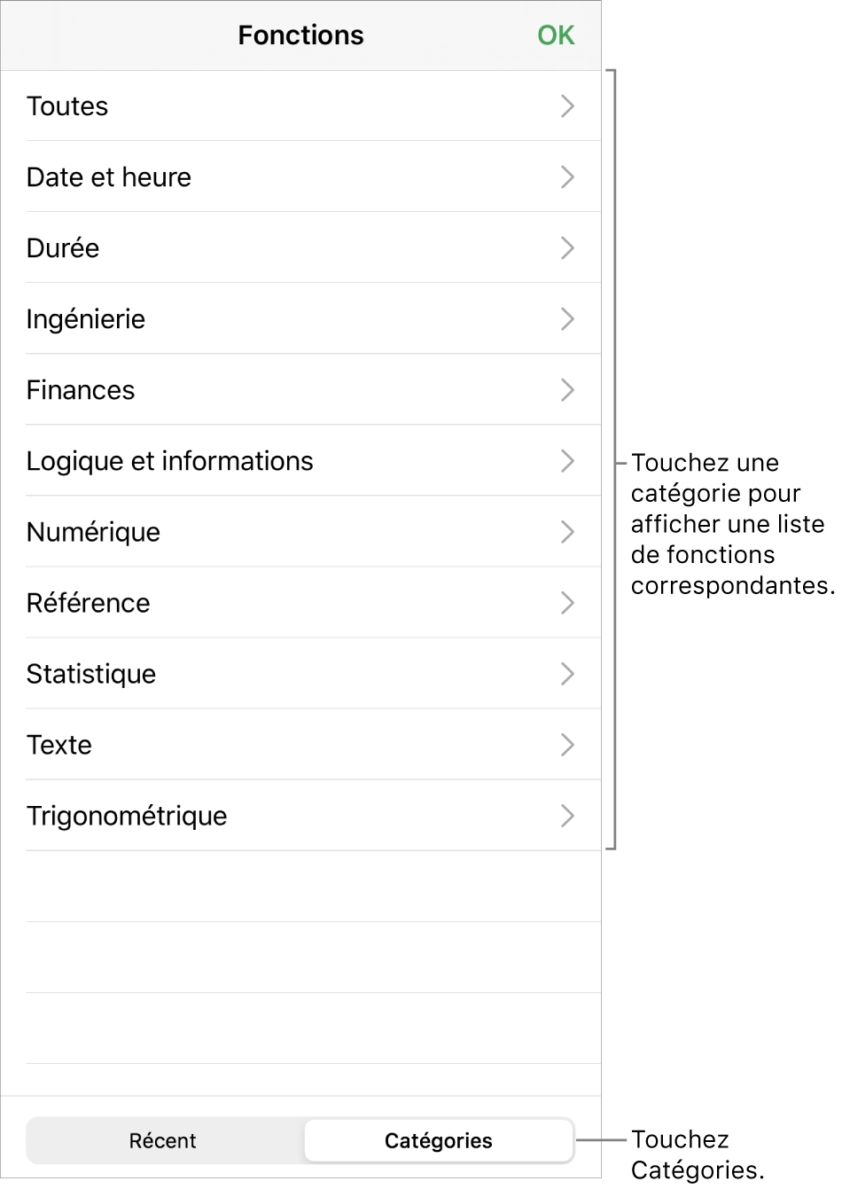 Navigateur de fonctions avec une légende pour le bouton Catégories et la liste des catégories.