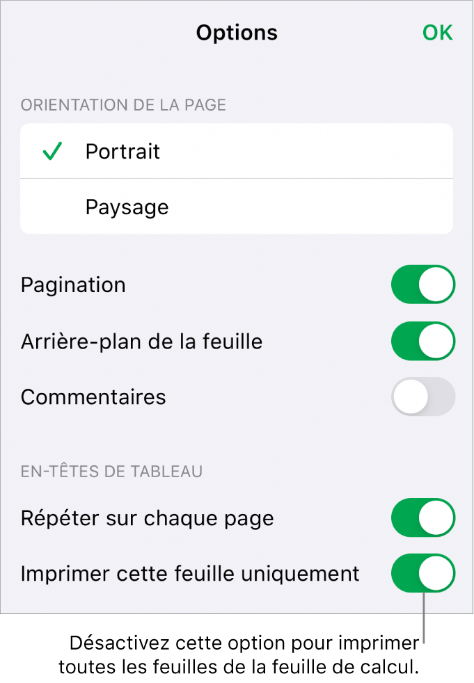 Options d’impression permettant de choisir l’orientation de la page, d’afficher les numéros de page et les en-têtes, et de choisir le format du papier et les pages à imprimer.