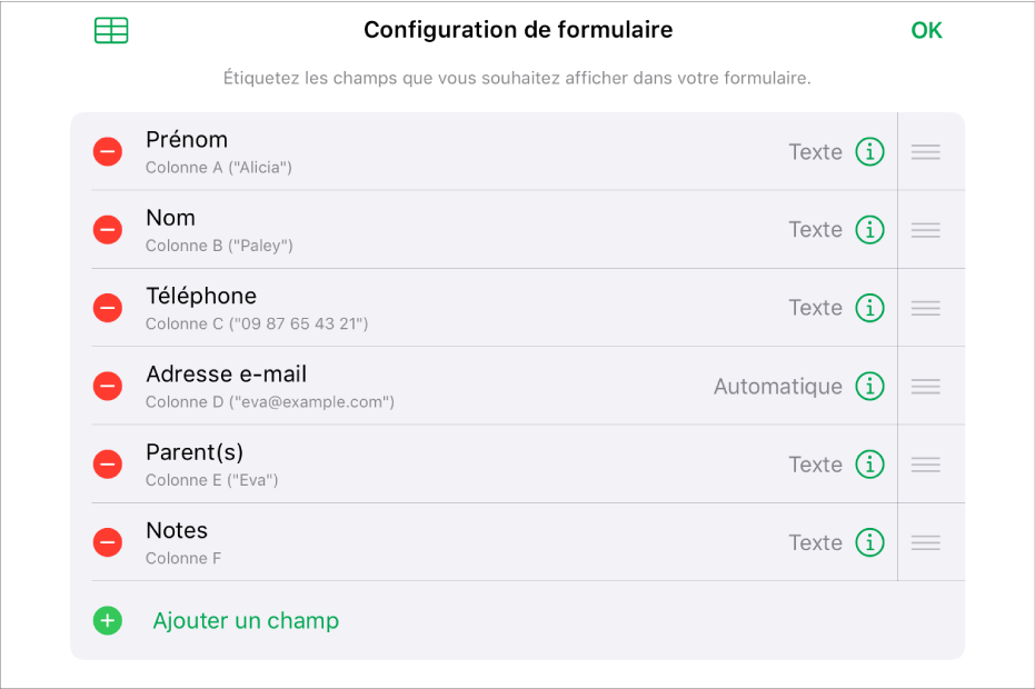 Le mode « Configuration de formulaire », affichant les options pour ajouter, modifier, réorganiser et supprimer des champs, mais également pour modifier le format des champs (comme passer du texte au pourcentage)