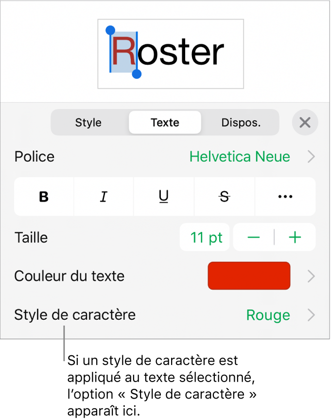 Commandes de mise en forme de texte avec Style de caractère au-dessous des commandes de couleur. Le style de caractère Aucun s’affiche avec un astérisque.