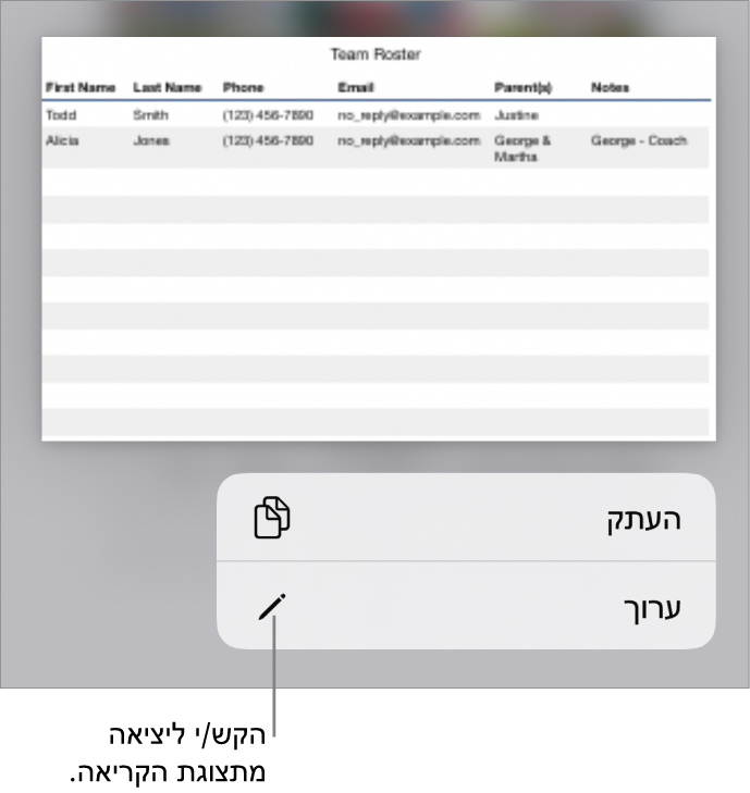 נבחרה טבלה, ומתחתיה מופיע תפריט עם הכפתורים ״העתק״ ו״עריכה״.