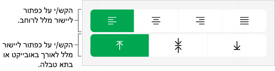 כפתורי יישור אופקי ואנכי עבור מלל.