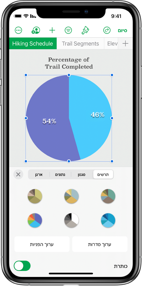 תרשים עוגה המציג אחוזים של מסלולים שהושלמו. התפריט ״עיצוב״ פתוח גם הוא, ומציג סגנונות לבחירה, כמו גם אפשרויות לעריכת הסדרות או ההפניות לתאים ולהפעלה או ביטול של שם התרשים או המקרא.