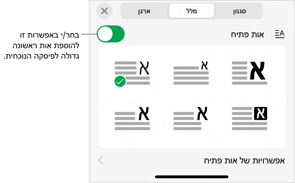 כלי הבקרה של ״אות פתיח״ נמצאים בתחתית התפריט ״מלל״.